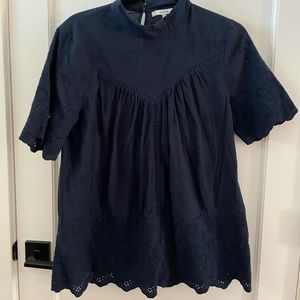 Anthropologie Navy eyelet mock neck blouse